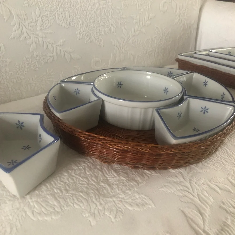 Blue and White Ceramic Divided Serving Tray with Wicker Base